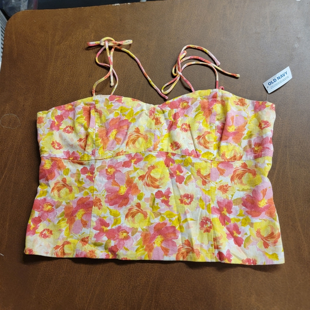 Old Navy Pink Yellow Floral Linen Blend Halter Top Cropped Cami Bustier Shirt XL